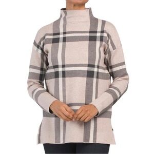 Max Studio bold PLAID knit tunic sweater FUNNEL neck tan black relaxed fit Med